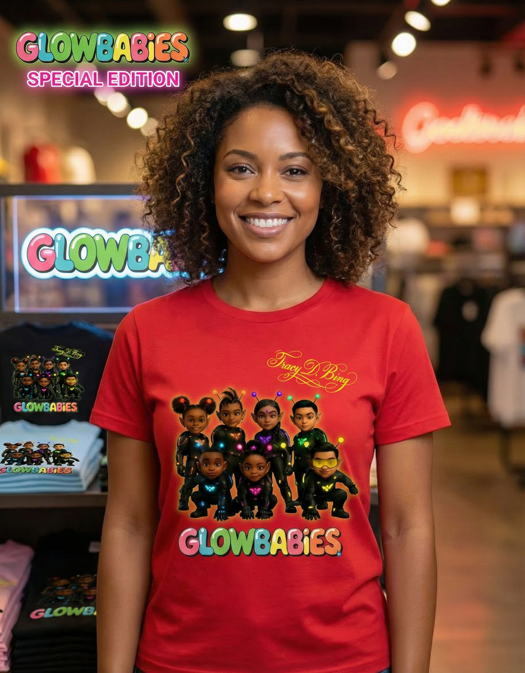 ⭐ Signed Special Edition T-Shirt
Showcases the Glowbabies group image on the front and the villains on the back. Each shirt is personally signed, making it a true collector’s item. These are limited and won’t be available for long, so grab yours today. Type in Promo Code: GIFT to receive Free shipping.