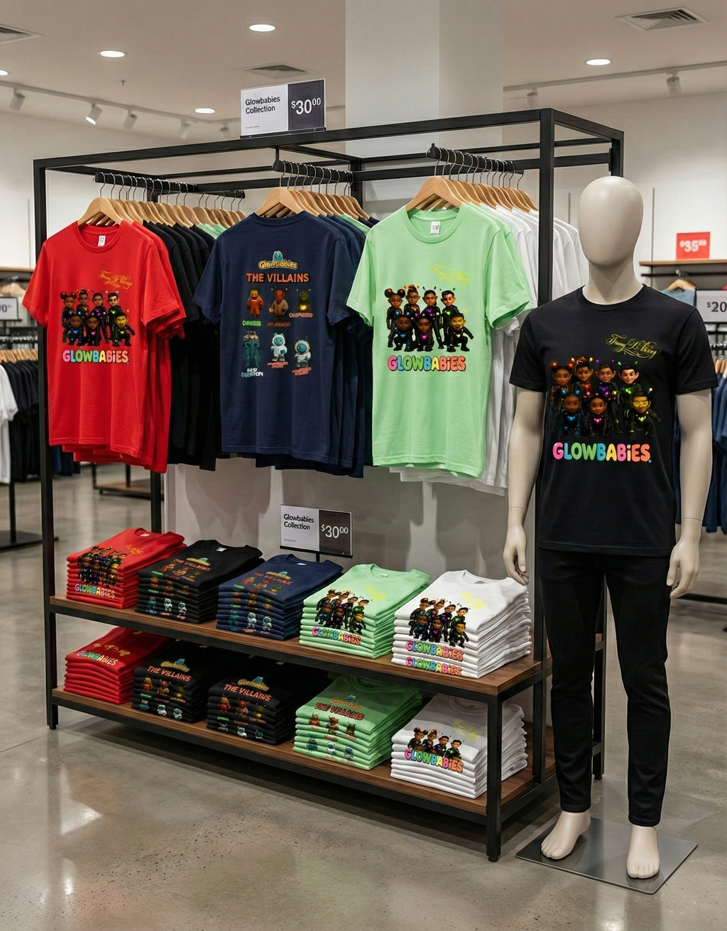 Display of t-shirts with 'Glowbabies' design in a store setting