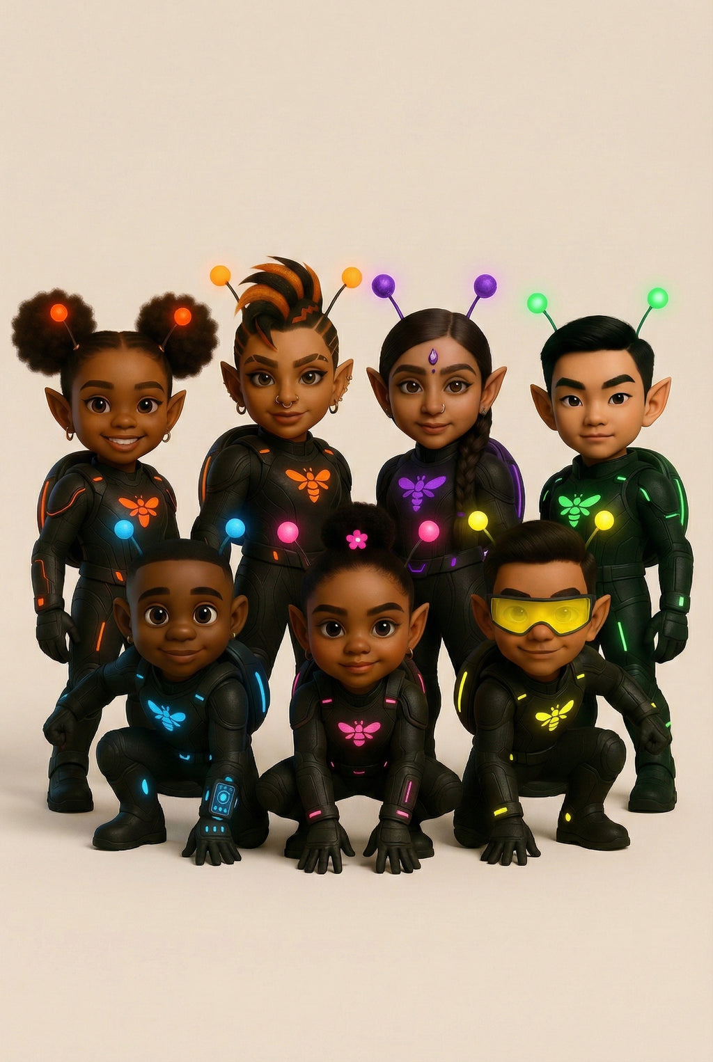 ✨ Glowbabies Group Image Description 

The Glowbabies group image features seven glowing firefly heroes standing together as a united team, each radiating their own unique neon glow and personality. With pointed ears, glowing antennas, and shimmering wings, the Glowbabies represent courage, friendship, and the power of working together. Each character brings a special gift and cultural background, symbolizing diversity, strength, and unity. Together, they are the protectors of Glowville.