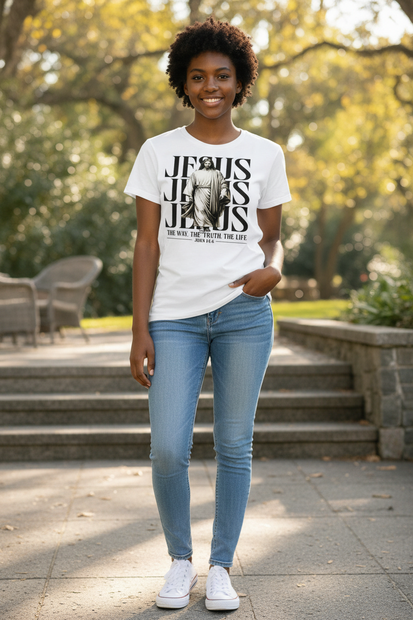 Black teenage girl wearing Jesus t-shirt standing