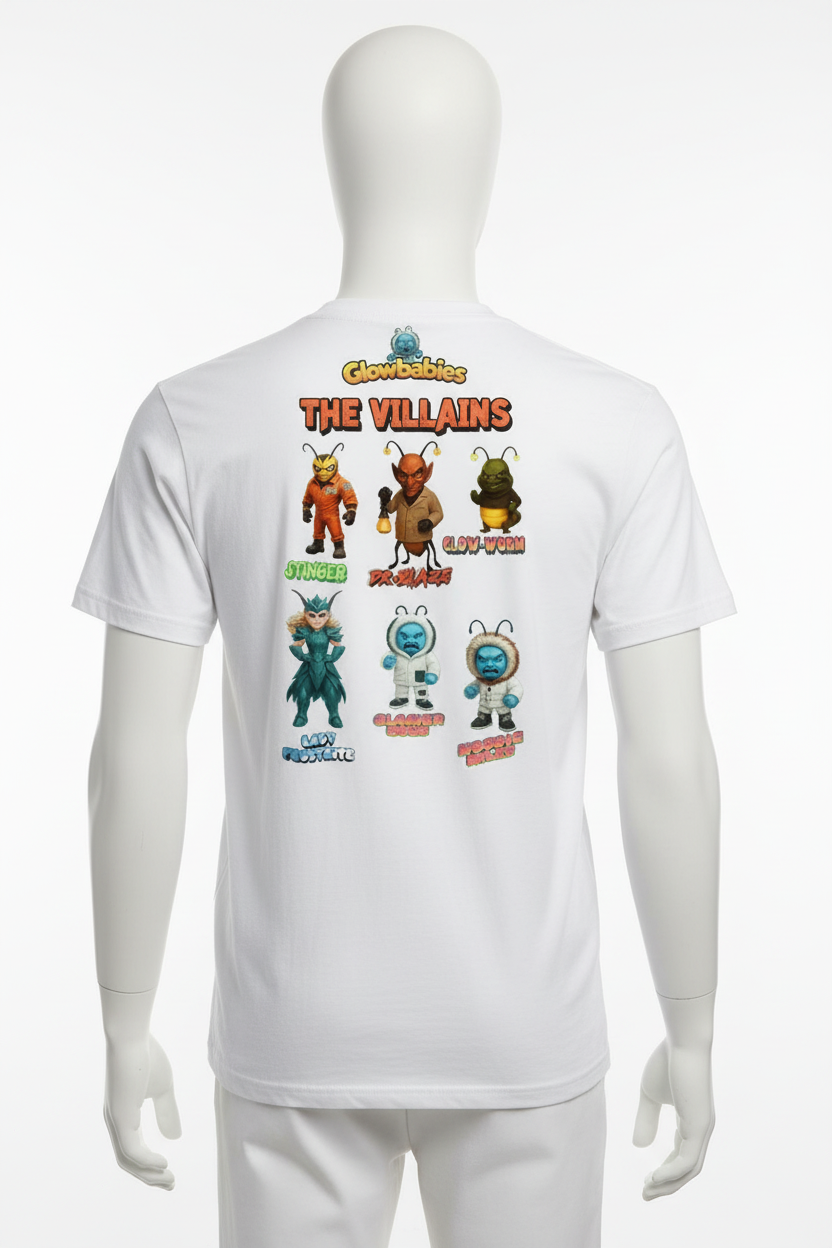 White t-shirt on mannequin with Glowbabies villains