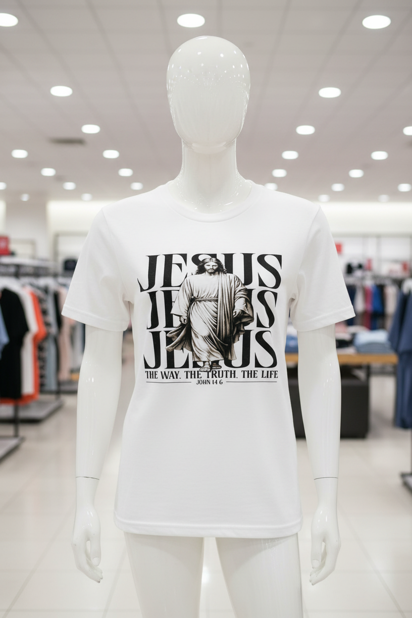 White t-shirt with Jesus design on mannequin